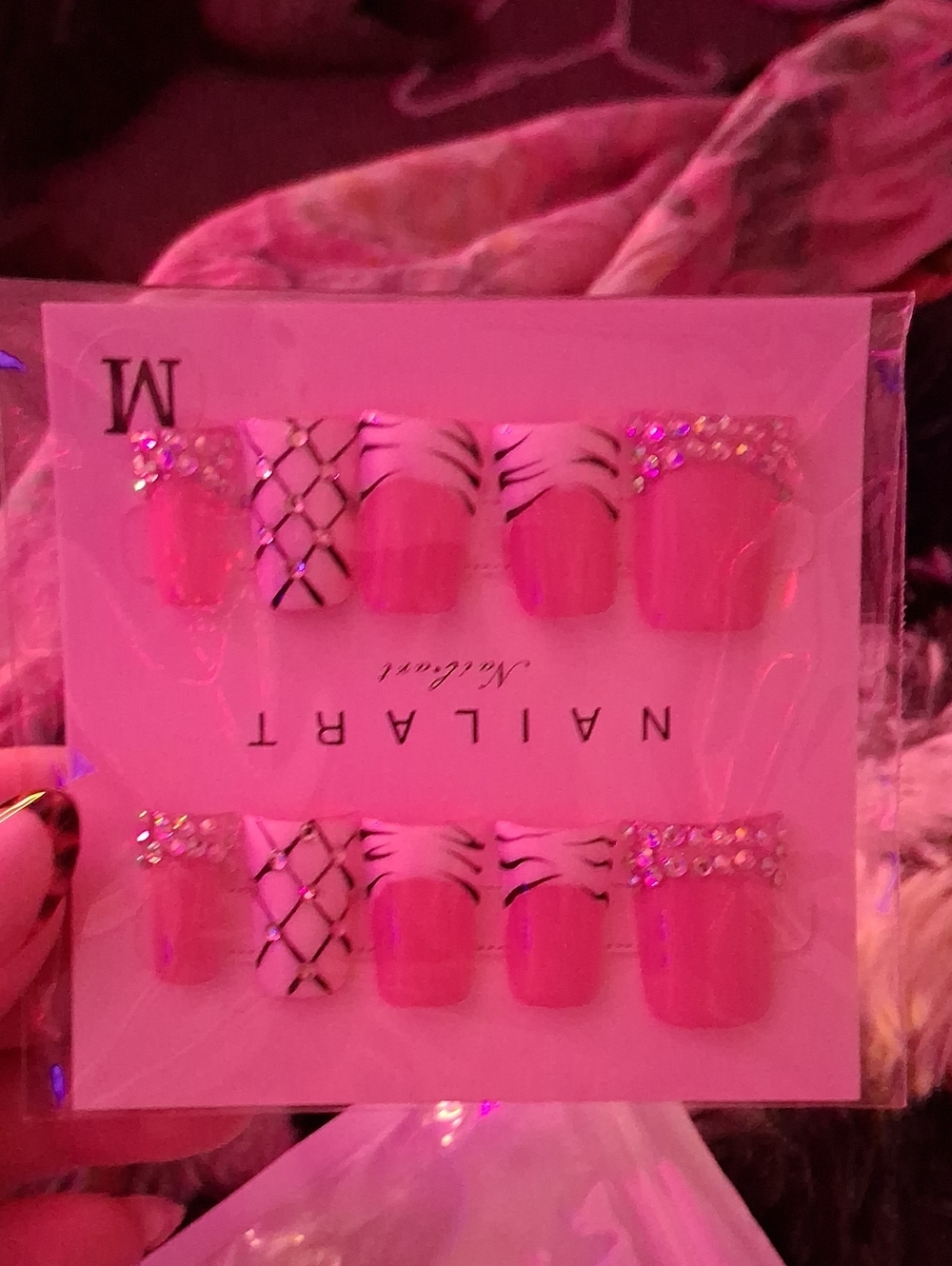 NAILA Hot Pink Rhinestone & Zebra Accent Press-On Nails